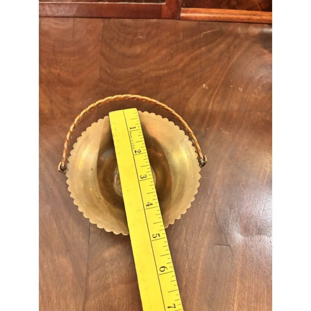 Vintage Solid Brass Basket Bowl Twisted Handle Scalloped Edge Pedestal